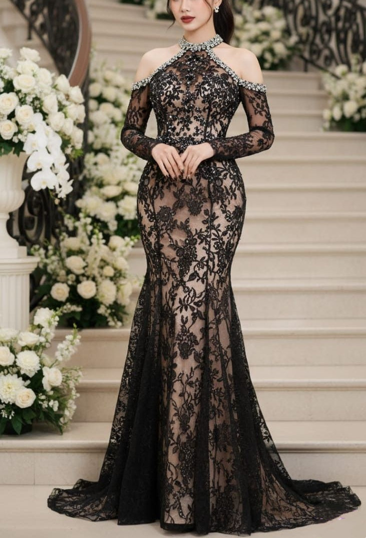 Robe longue sirène en dentelle à manches longues - Robe sexy et élégante NV6330