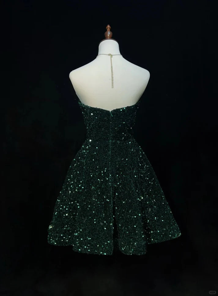 Green shiny princess sequin short retro fashion homecoming dress prom dress evening dress nv4286