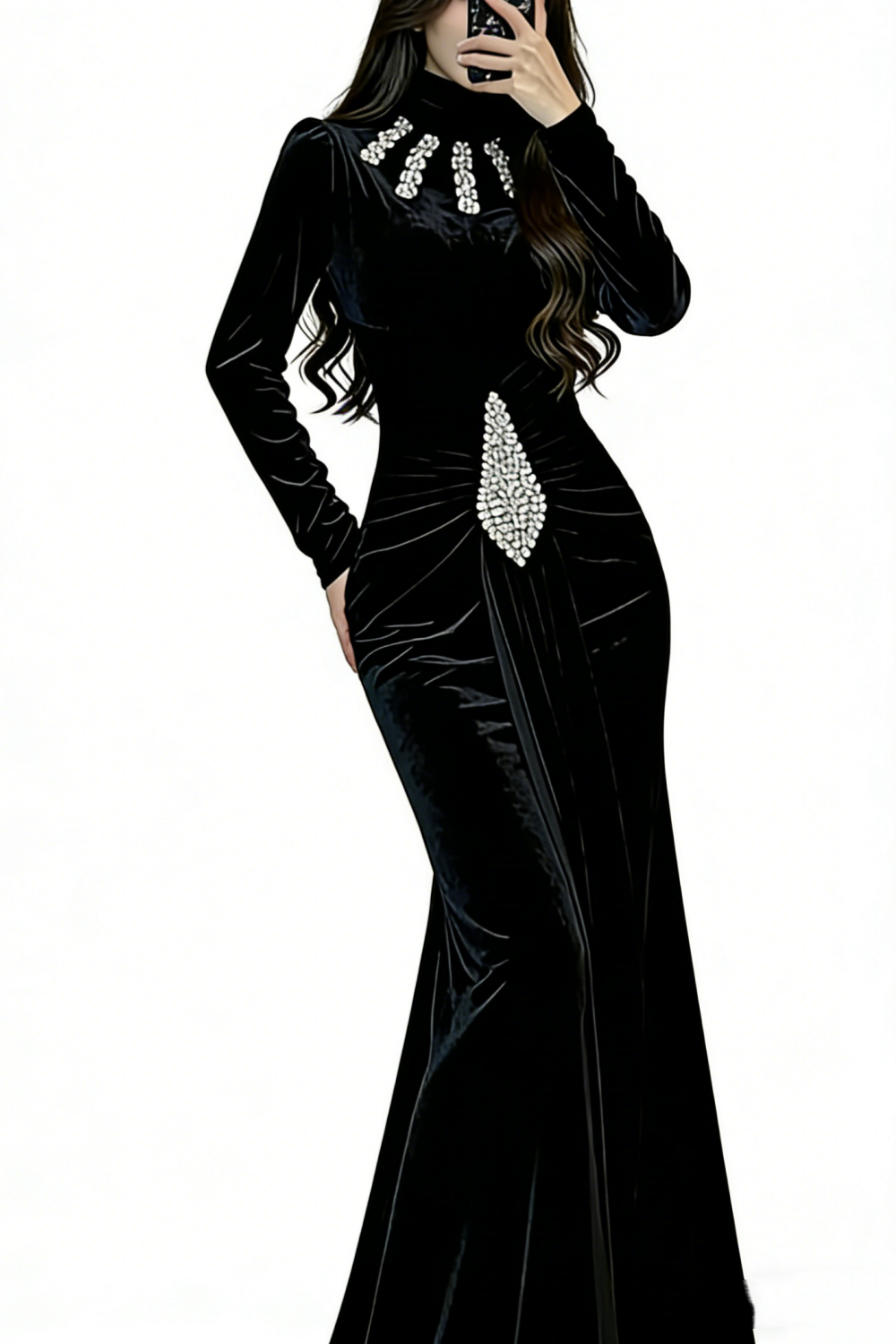 Velvet High Neck Mermaid Statement Dress - Crystal Fringe Ruched Slim Evening Gown NV6795