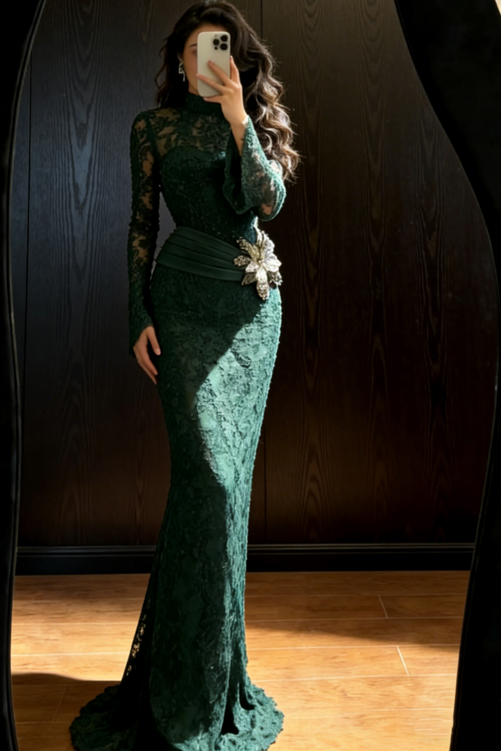 Vintage Deep Green Lace Long-Sleeve Bodycon Evening Dress NV6752