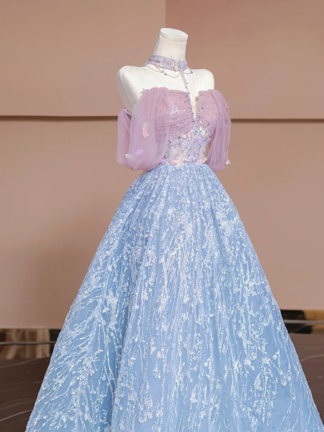 Pink Blue Beaded Long Tulle Floor Length Ball Gown Evening Dress nv5052