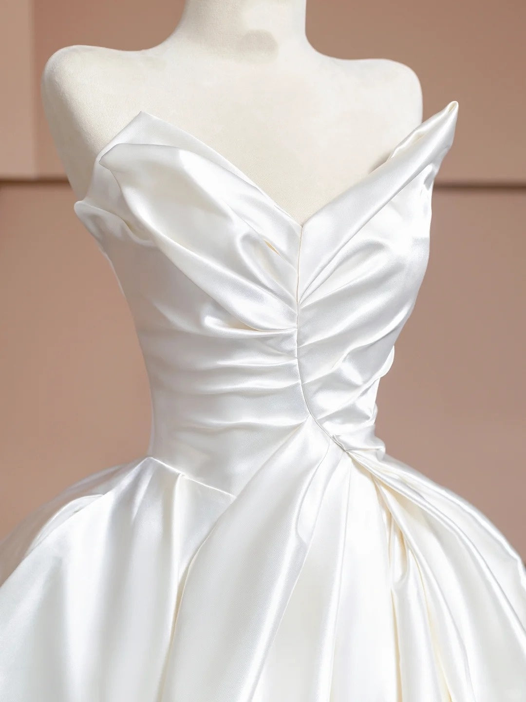 Stylish, elegant, and simple white long satin wedding dress, ball gown, and evening gown. nv5078