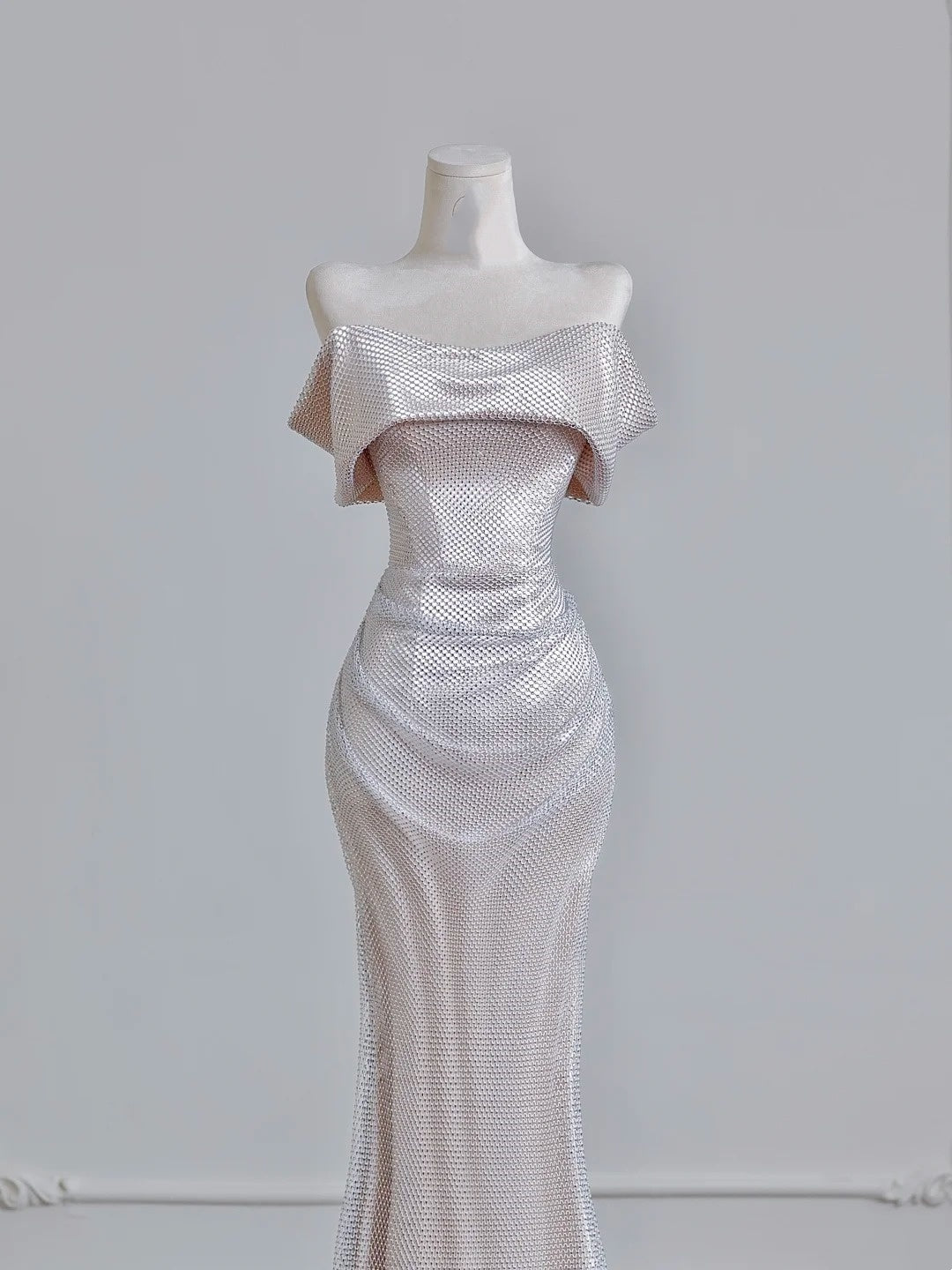 Silver Mesh Metallic Satin Long Mermaid Slim Prom Dress Evening Dress Party Dress nv4721