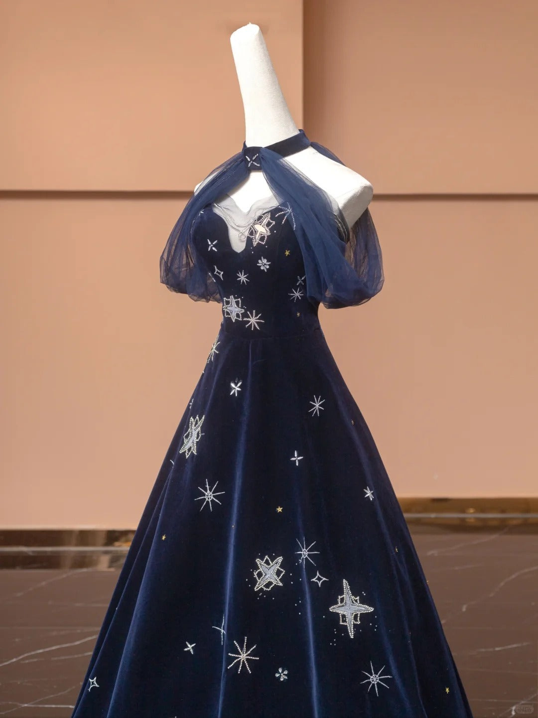 Blue Exquisite Star Beaded Long Velvet Prom Dress Ball Gown Evening Gown Party Gown nv4732