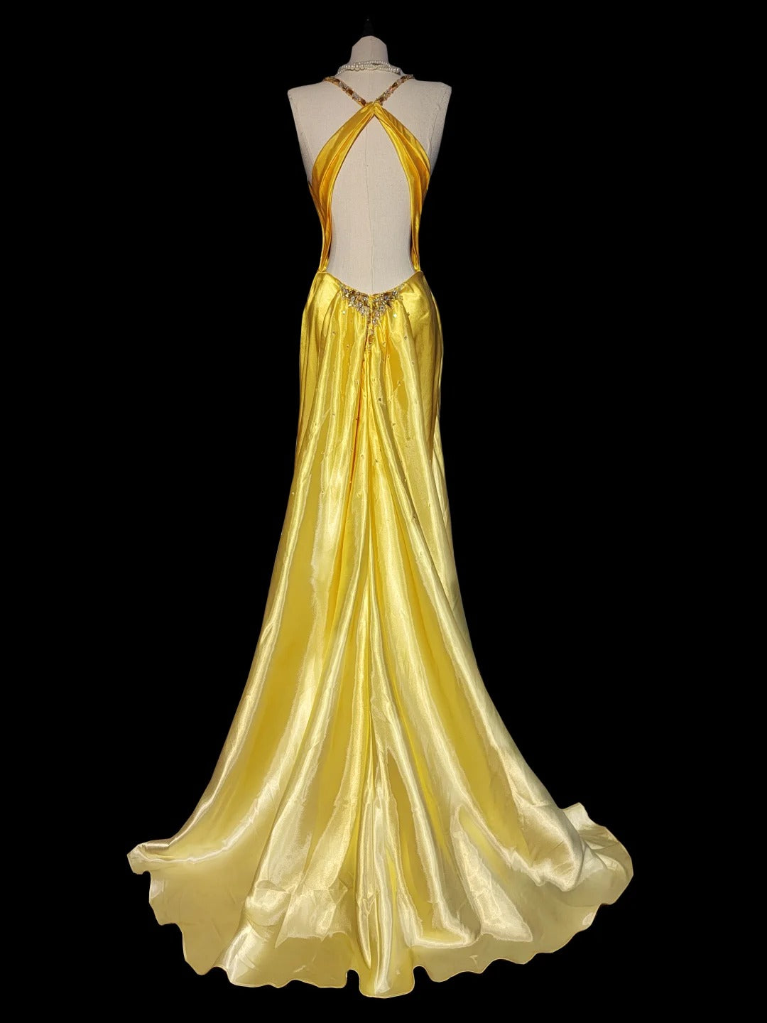 Gelbes, elegantes V-Ausschnitt, exquisiter Edelstein, langer Meerjungfrau-Schlank-Fischschwanzrock, Satin, bodenlange Schleppe, Ballkleid, Abendkleid, Partykleid, Ballkleid, nv3864