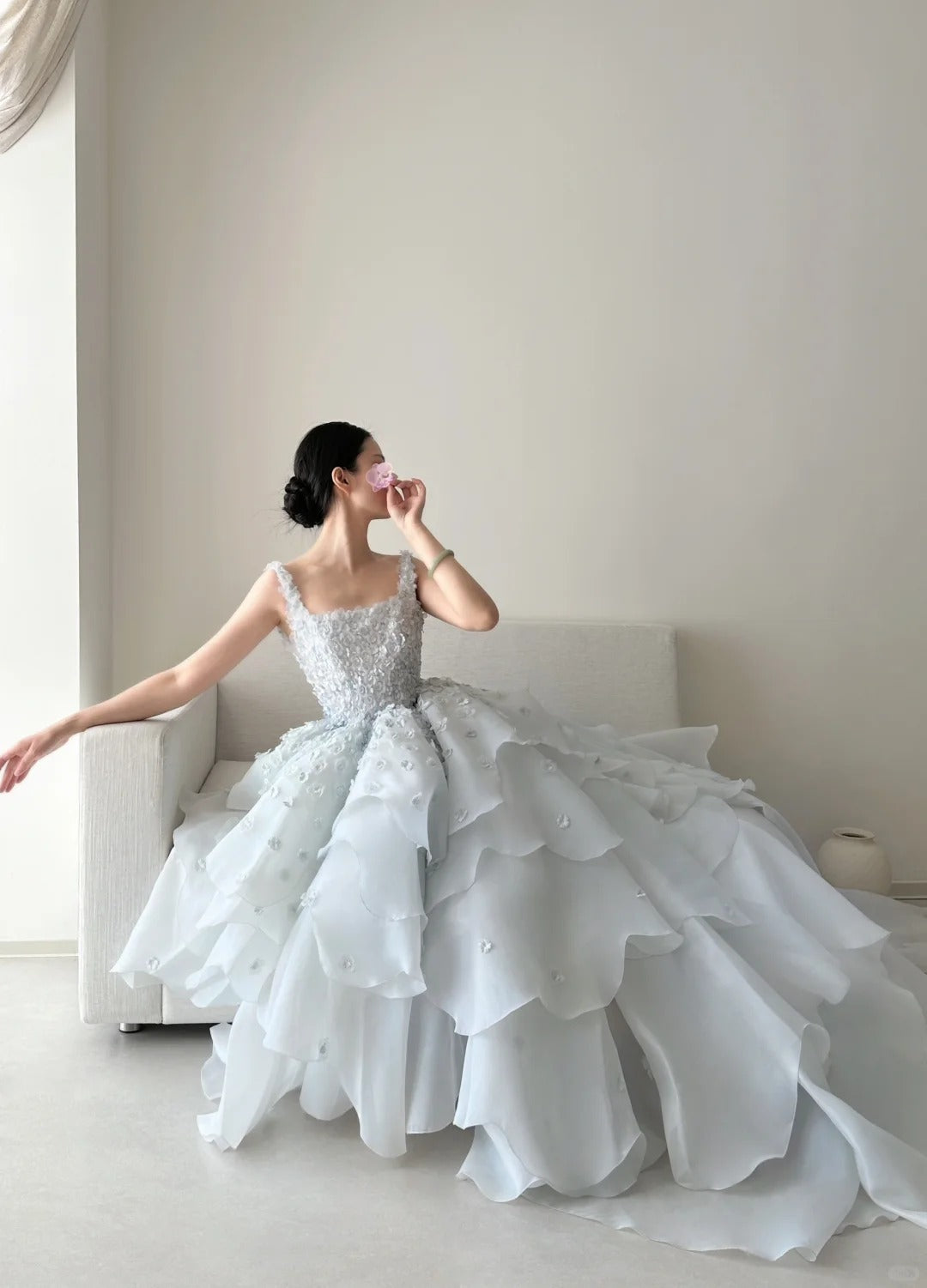 Light Blue Gorgeous Exquisite Beaded Long Floor Length Tulle Sequin Layered Ball Gown Evening Gown Wedding Dress nv4071