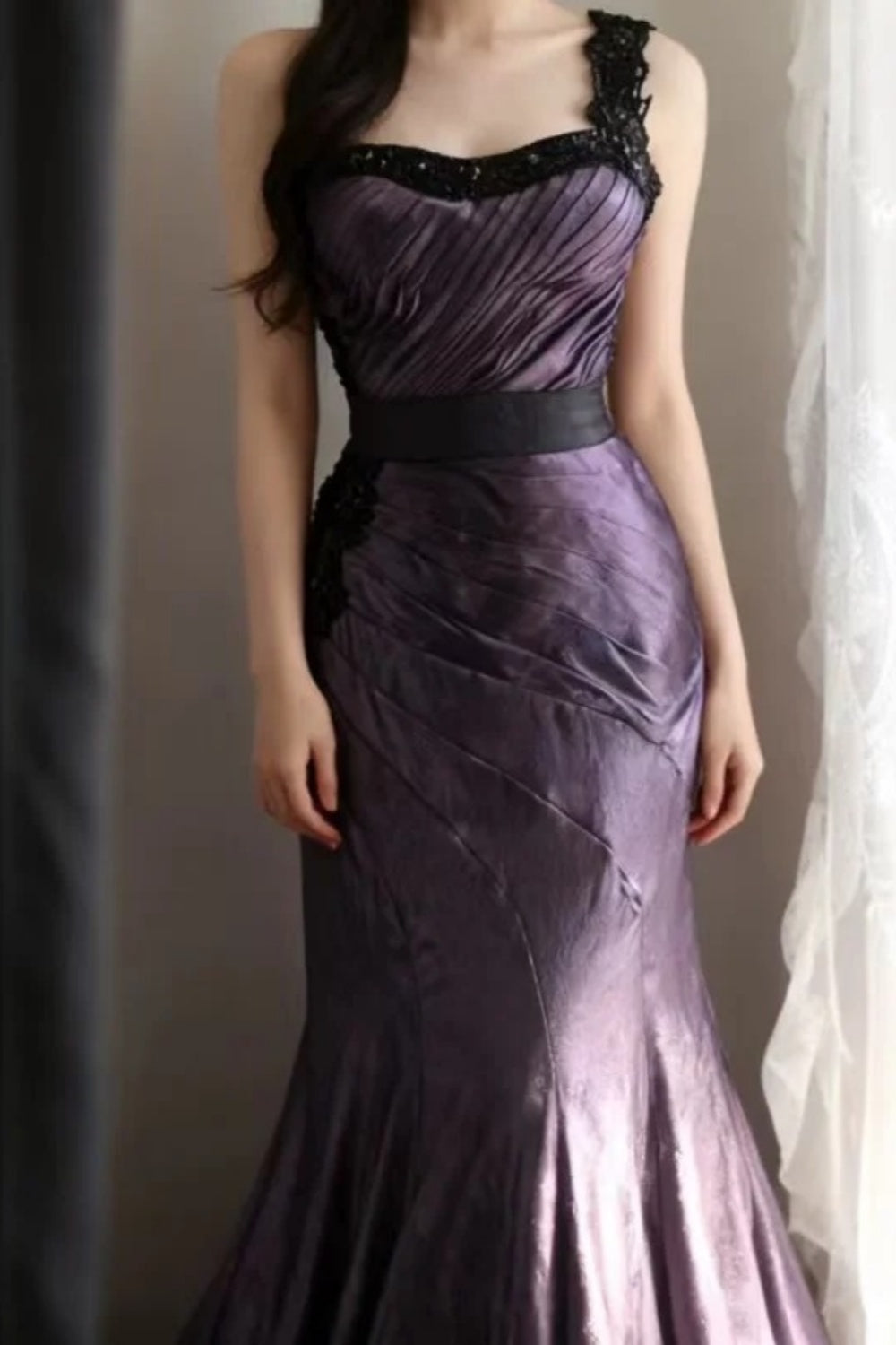 Purple Mist Mystery - One-Shoulder Black Lace Ruched Gown, Mermaid Train Elegant Dress NV6857