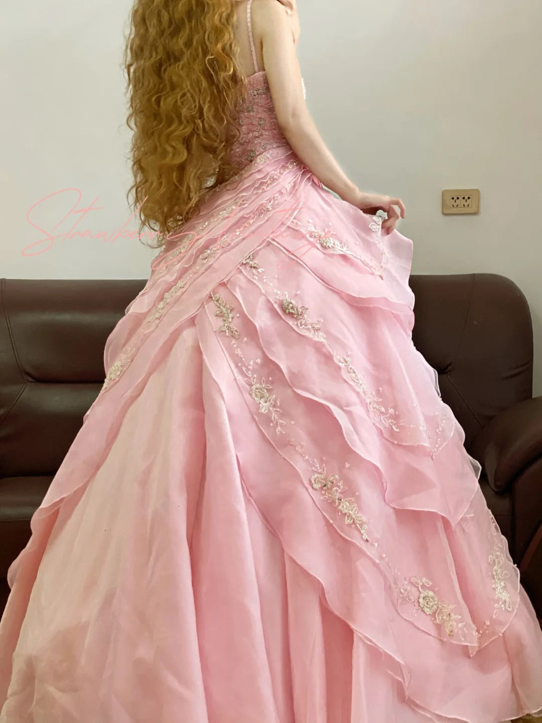 Pink Floral Elegant Tiered Long Tulle Ball Gown Evening Dress nv5019