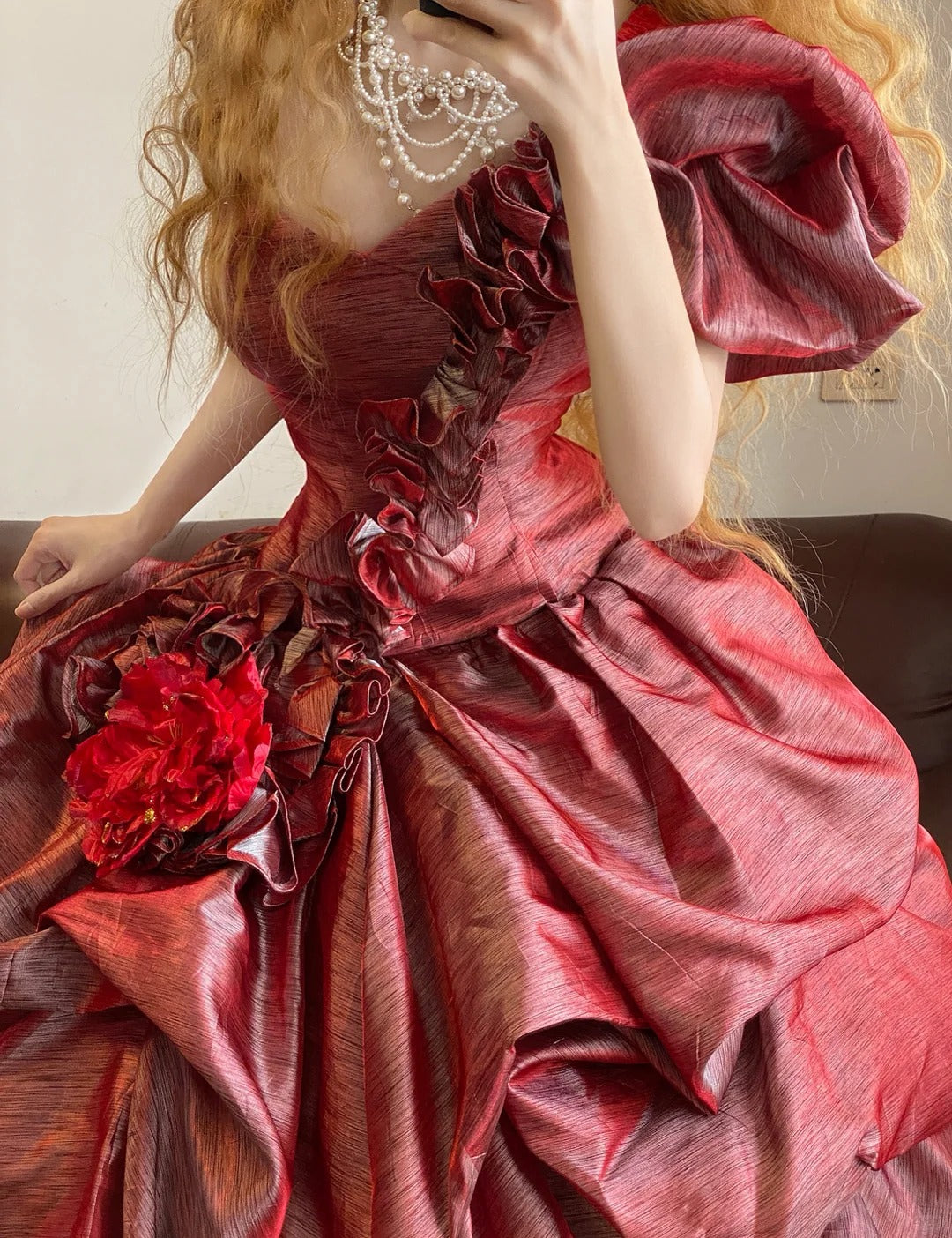Red floral pleated fashionable long satin princess ball gown nv5045