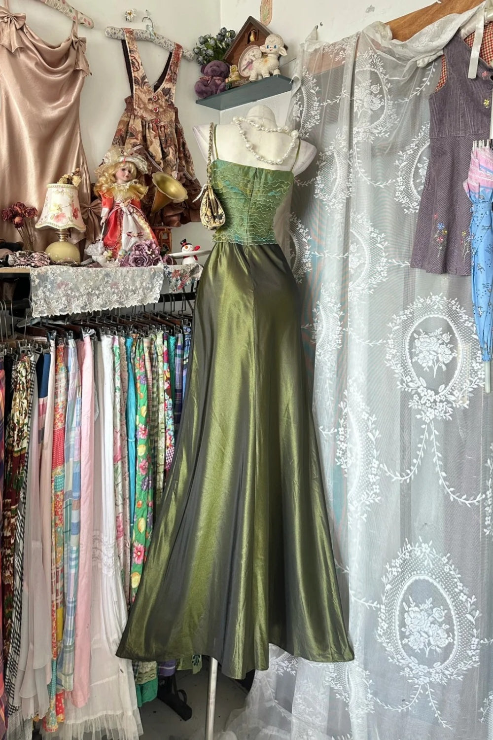 Green retro elegant long satin evening gown NV6739