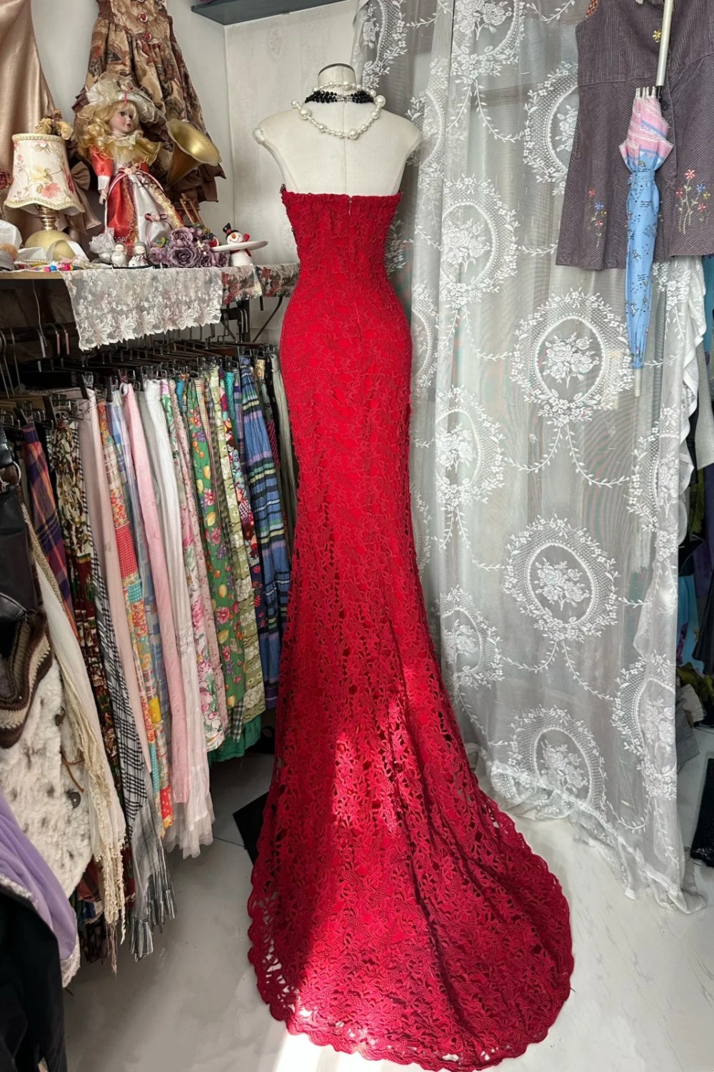 Beautiful Red Vintage Long Lace Evening Dress/Party Gown NV6859