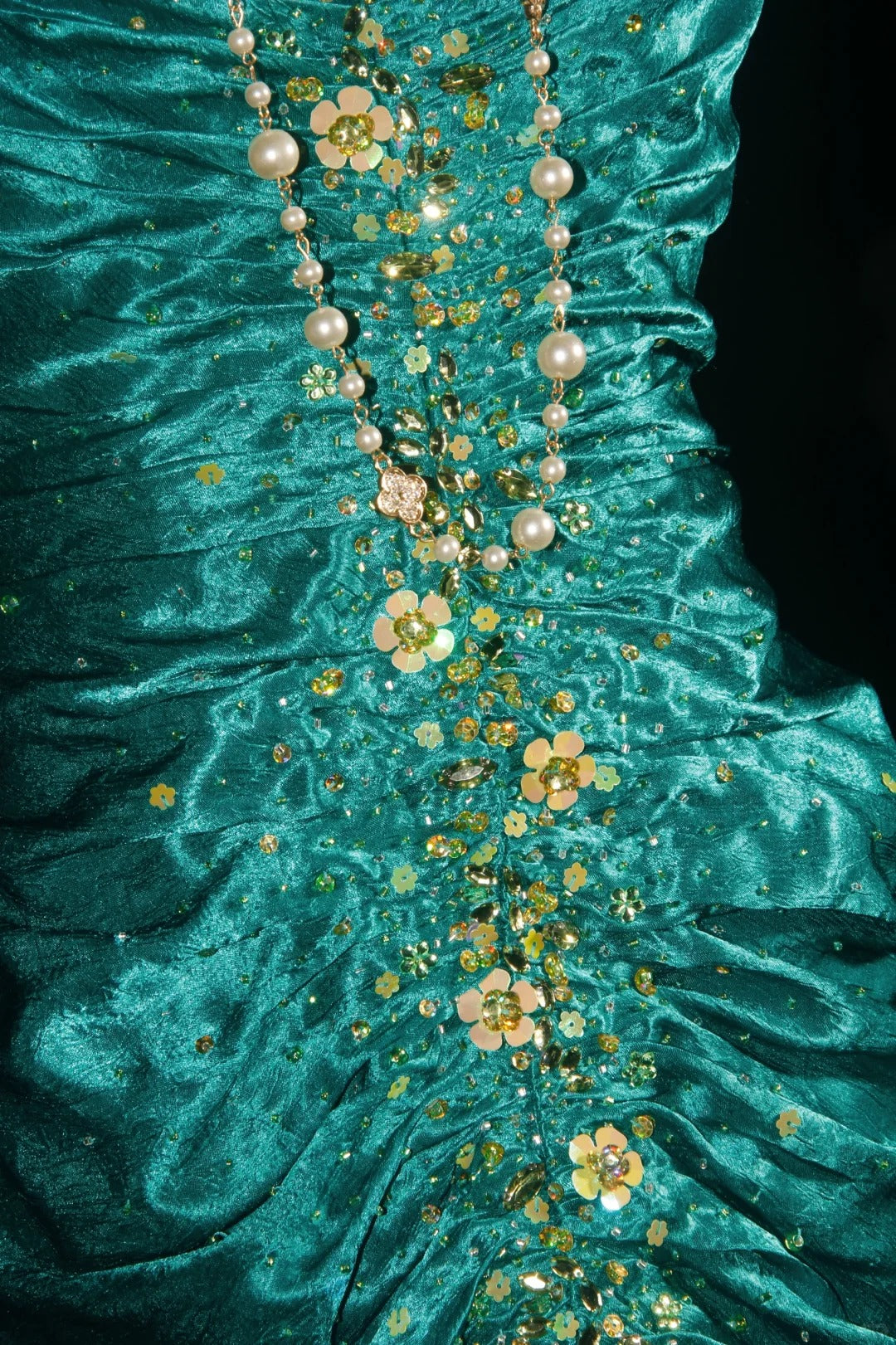 Green Gold Floral Delicate Beads Long Satin Ball Gown Evening Gown Party Dress nv4196