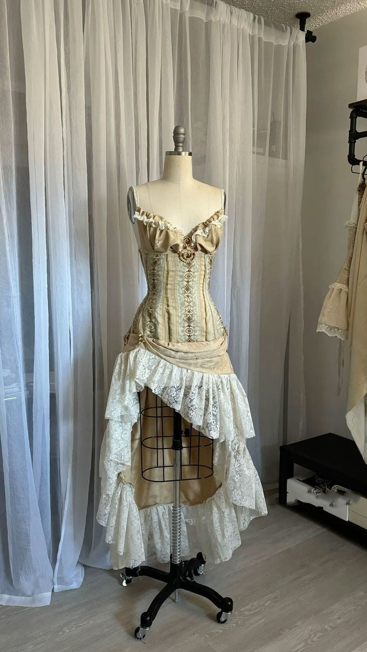 Champagne Gold Retro Fashion Exquisite Lace Elegant Long Satin Princess Court Style Ball Gown Evening Gown Party Dress nv3595