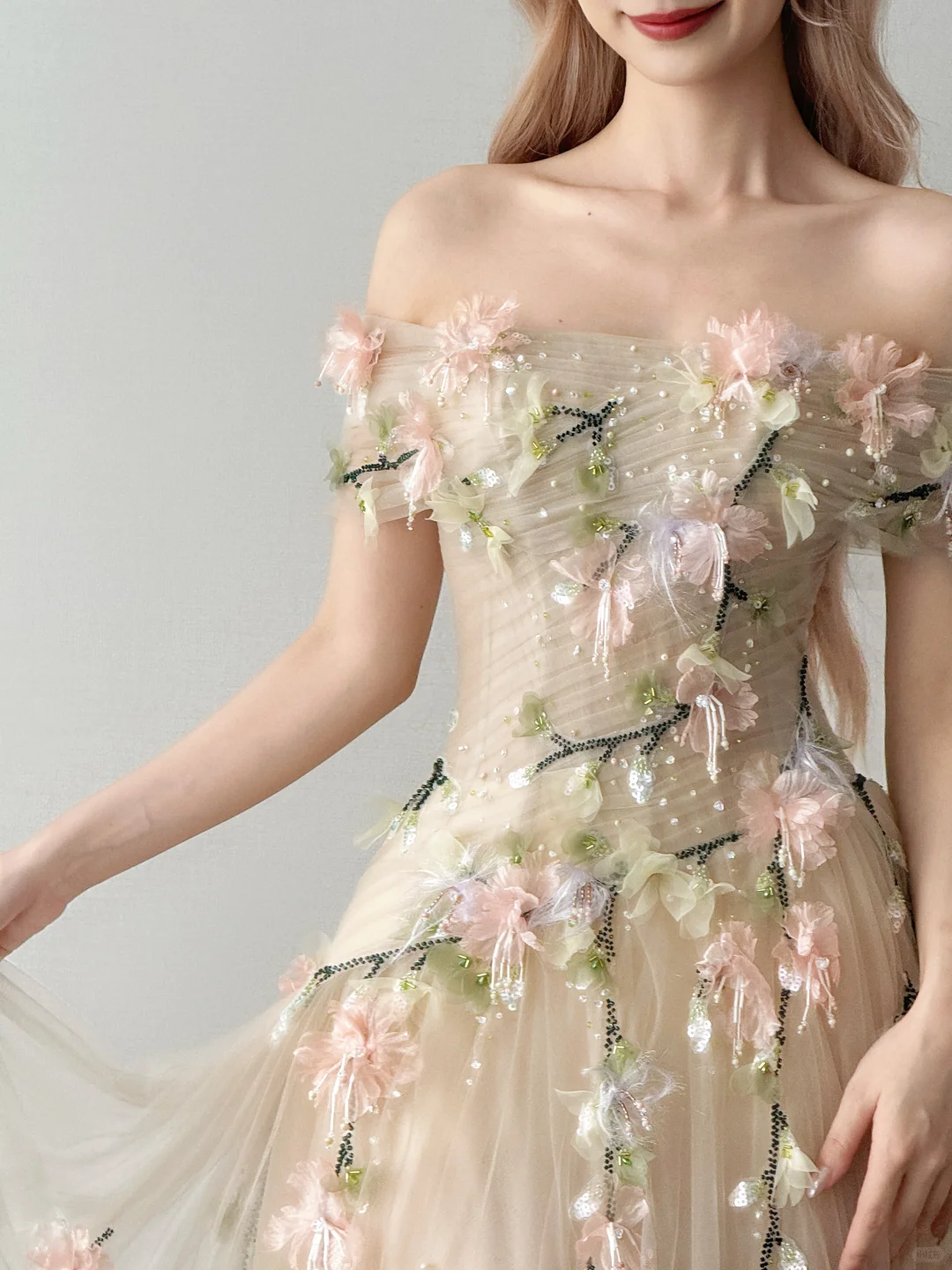 Off Shoulder A-Line Tulle Prom Dress Champagne 3D Floral High Slit Gown NV7124