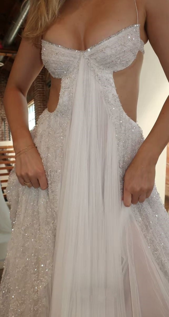 NiceVestidos - Robe de bal longue et scintillante en tulle blanc, robe de mariée NV5842