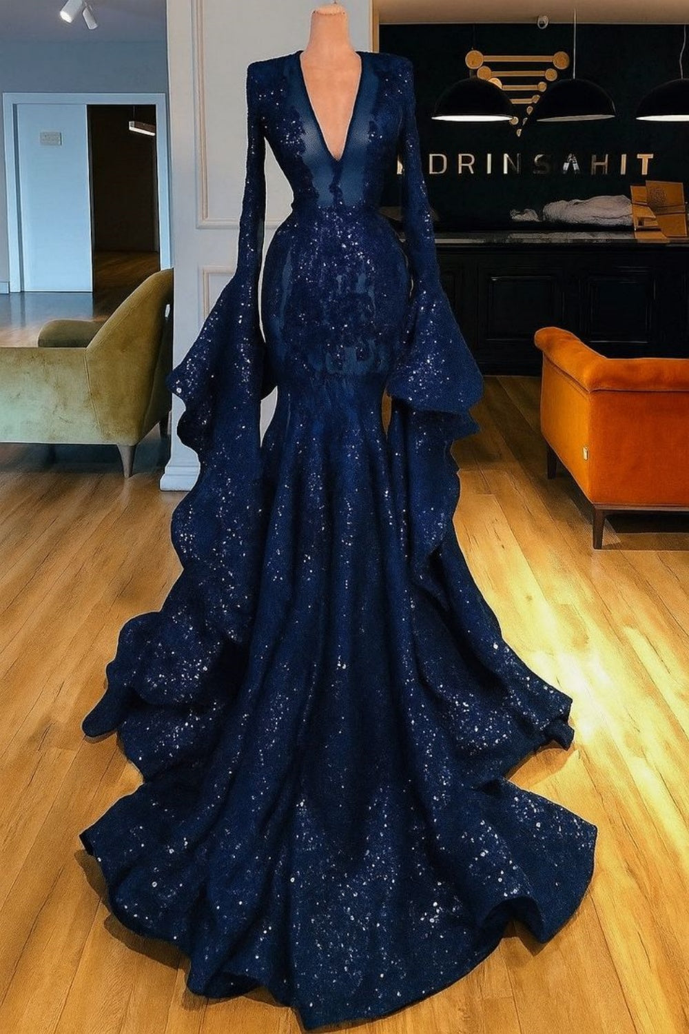 NiceVestidos-_Blue, glamorous, exquisitely beaded, sequined long evening gown NV6052