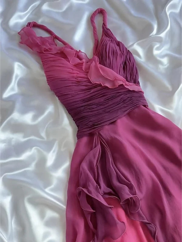 Pink Purple Fashion Gradient Ruffles Spaghetti Straps Short chiffon Mid-Length Homecoming Dress Prom Dress Birthday Party Dress Evening Dress nv3882