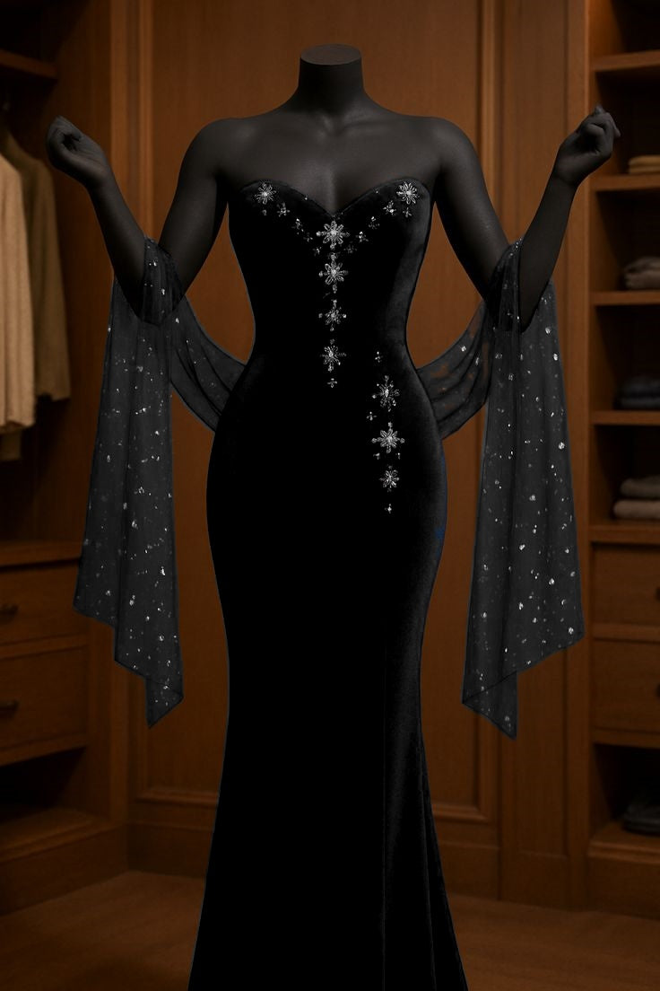 Navy blue shiny beaded tulle velvet long prom dress evening dress nv5122