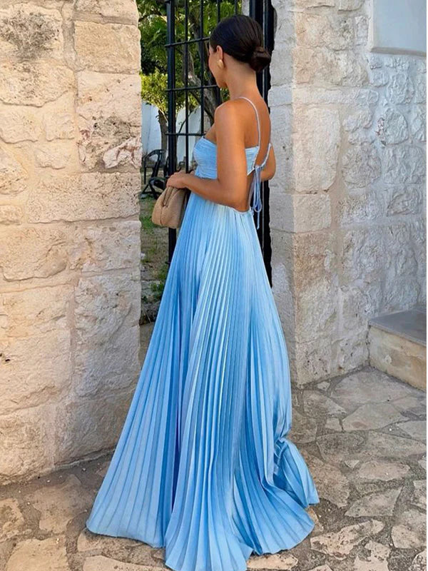 Blue Stylish Elegant Simple Sweetheart Sleeveless A Line Long Chiffon Evening Gown Prom Dress Wedding Party Dress nv3805