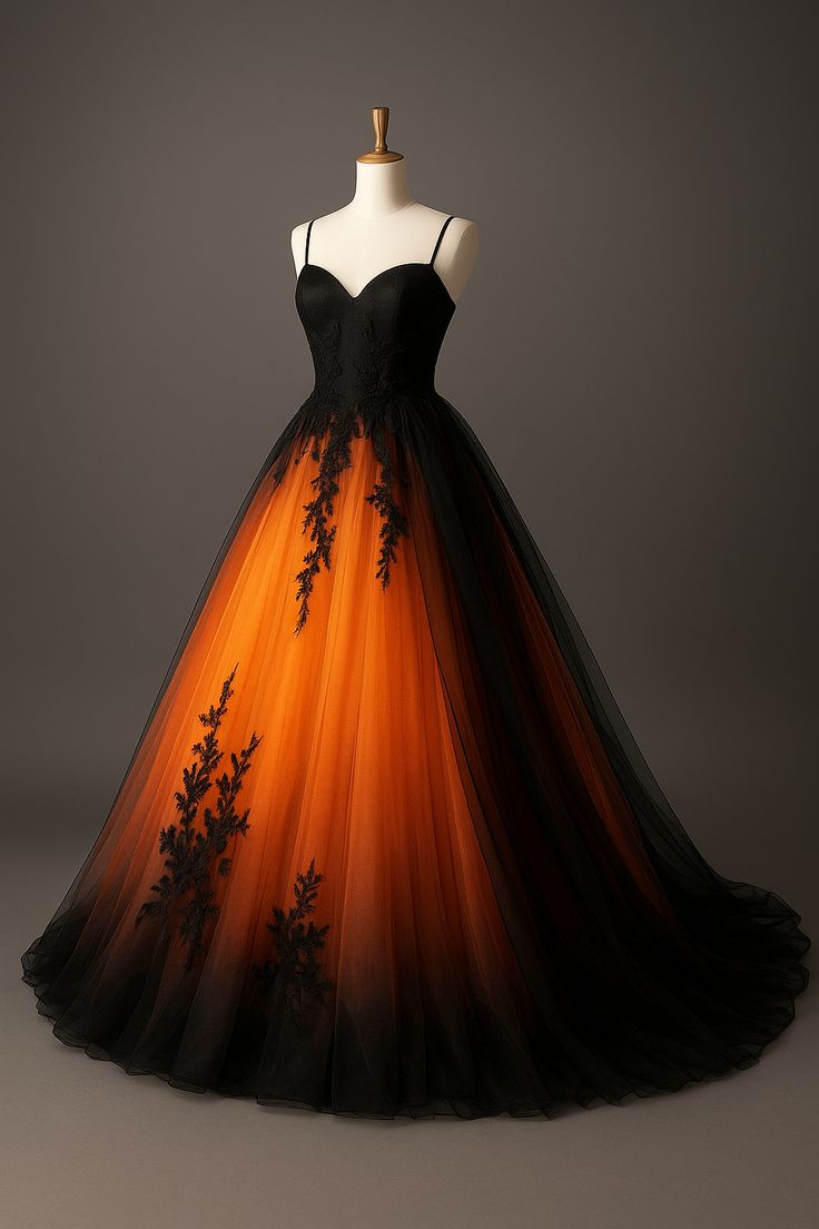 Black & Orange Gradient Embroidery Camisole Ball Gown: Heart Neckline, Floral Trim, Evening Retro Maxi Dress NV6435