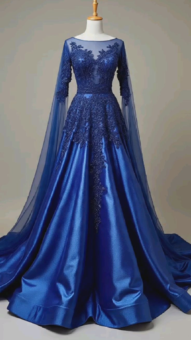 Royal Blue Lace Sheer Sleeve Gown: Heavy Embroidery, Train Skirt, Evening Luxury Maxi Dress NV6425
