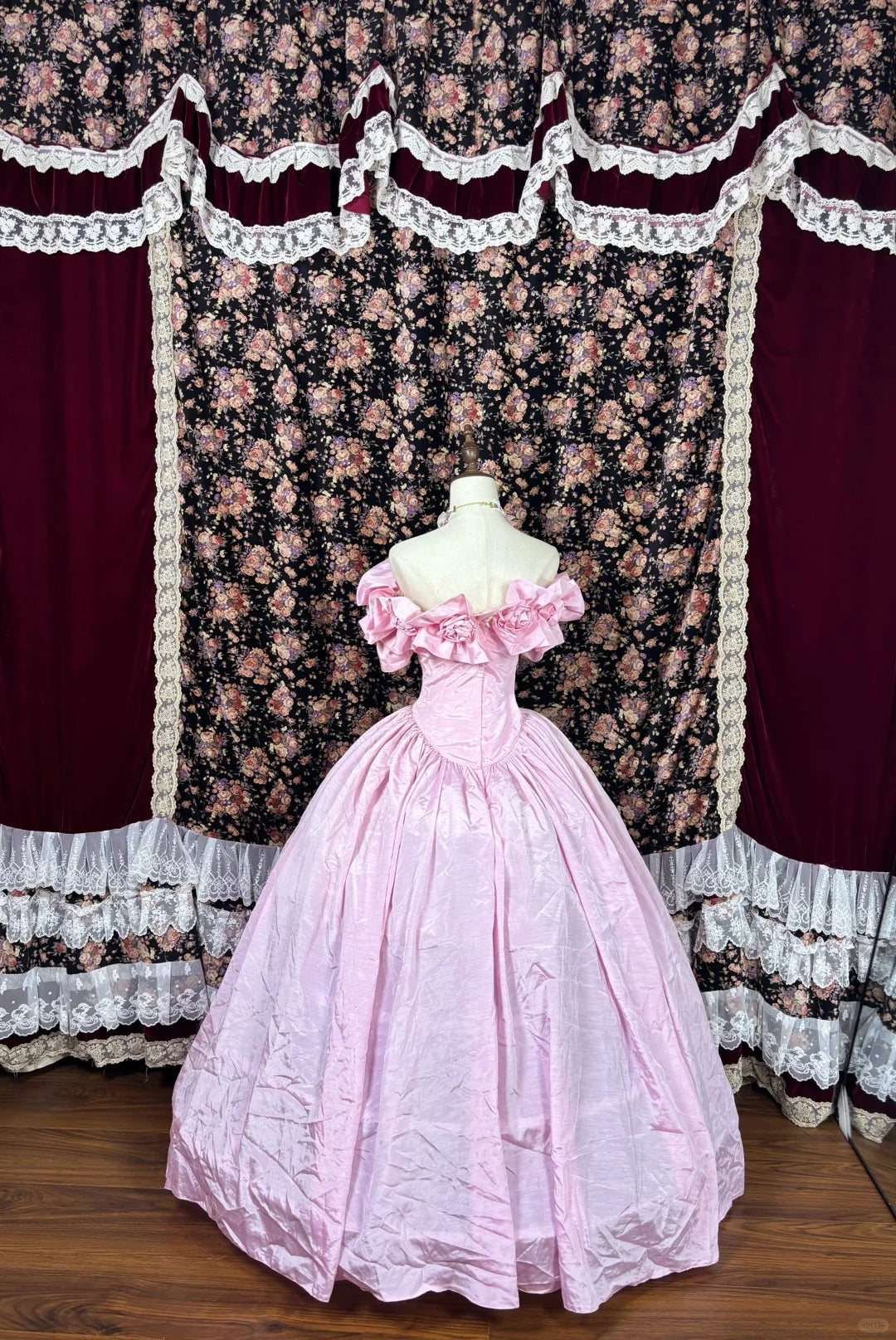 Pink floral beaded princess long satin ball gown evening dress quinceanera dress nv4649