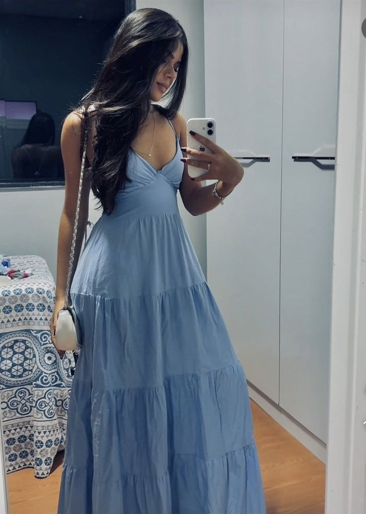 Blue V-neck elegant fashion long satin party dress evening gown prom dress nv4592