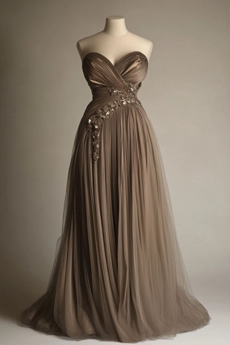 Brown Sweetheart Neckline Elegant Long Fairy Tulle Ball Gown nv4843