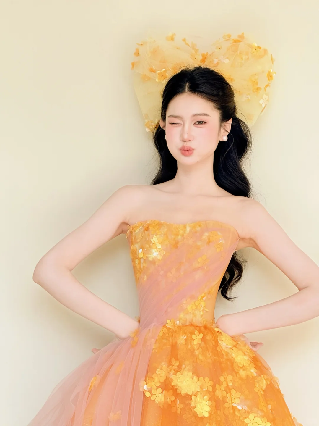 Strapless Orange Pink Ombre 3D Gold Floral Ball Gown Prom Dress NV7414