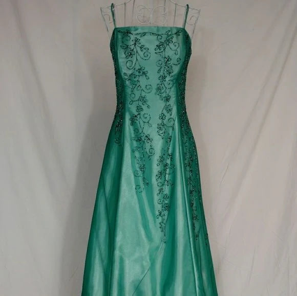 Robe de soirée longue et élégante en satin et tulle, tenue de soirée élégante et charmante, verte, à perles exquises, nv3975