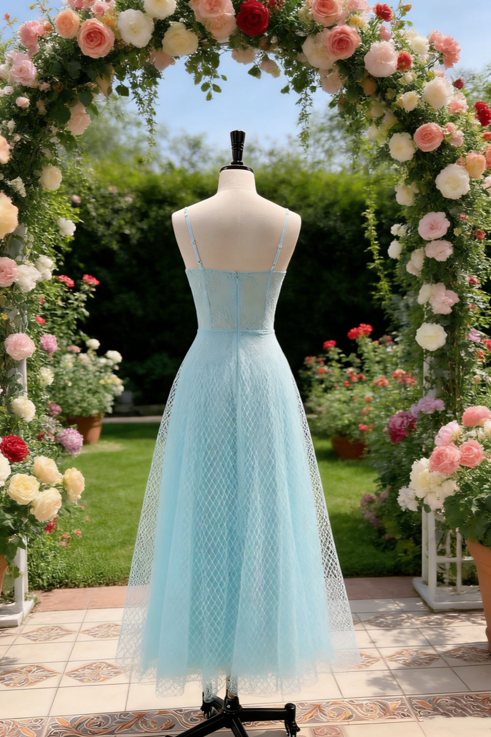 Ice blue lace sparkling thin suspender strapless chiffon grand dress NV6787