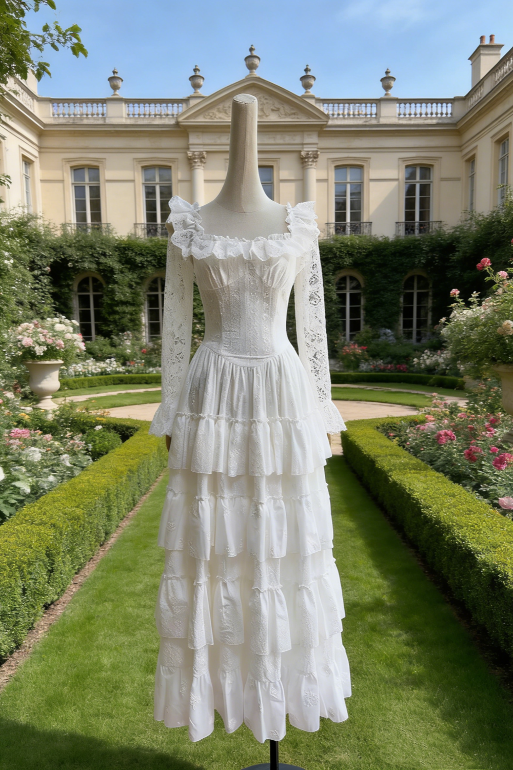 White Lace Flutter Sleeve Multi-Layer A-Line Maxi Dress - Gentle Style Date & Afternoon Tea Gown NV6784