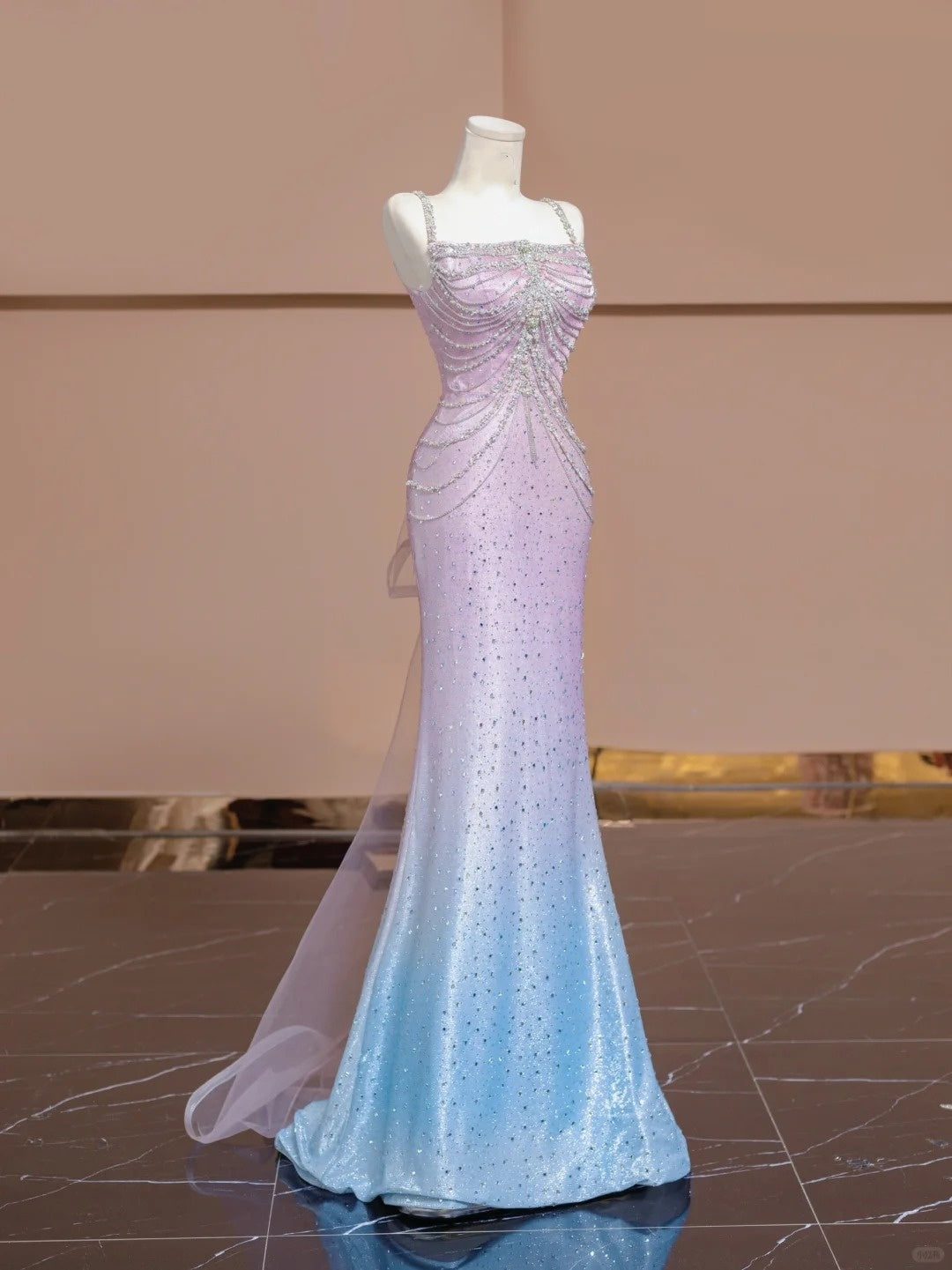 Blau Rosa Glitzer Perlen Ombre Lange Tüll Meerjungfrau Bodycon Bodenlangen Ballkleid Abendkleid Partykleid nv5054