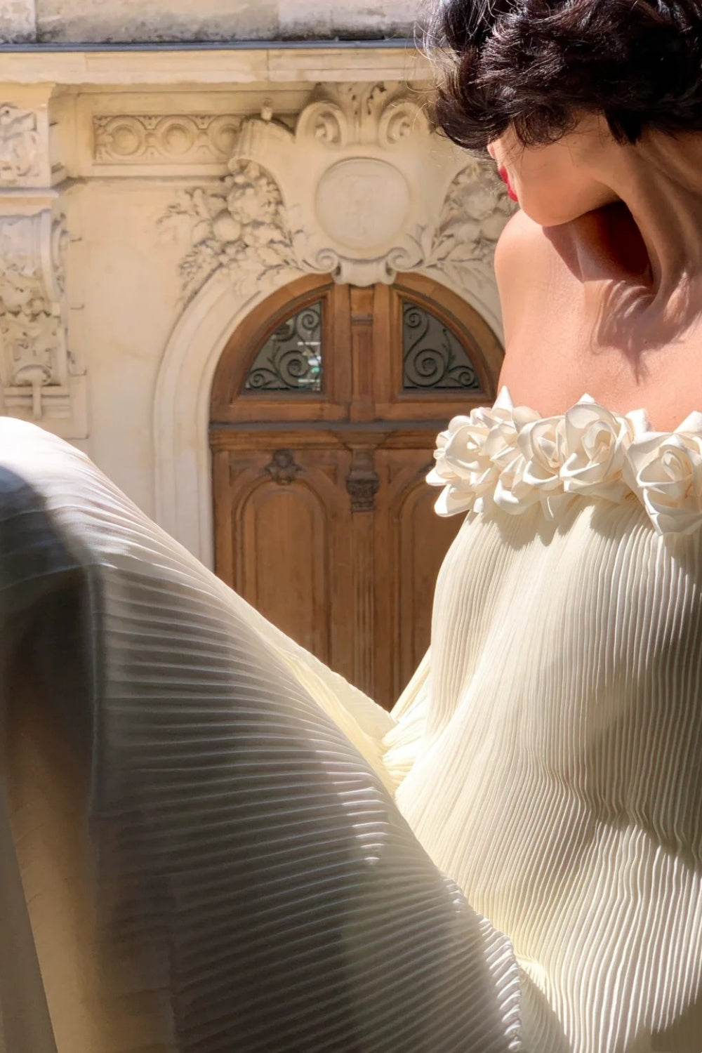 French 3D Flower Off-the-shoulder Gown: Pleated Chiffon, Backless Sash, Fairy Hot Spring Resort Dress NV6402