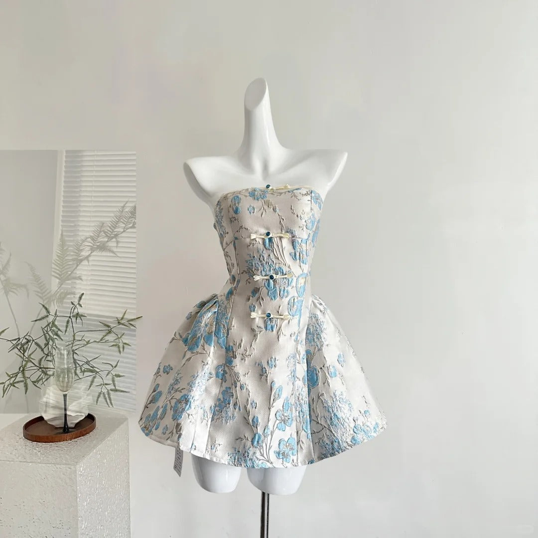 White exquisite blue floral short satin homecoming dress birthday party dress nv5261