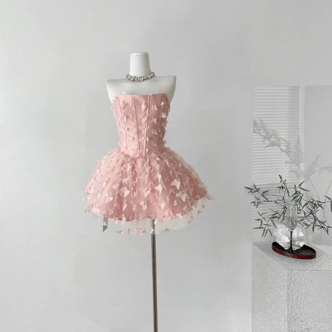 Pink Butterfly Short Chiffon Homecoming Dress Birthday Party Dress nv5264