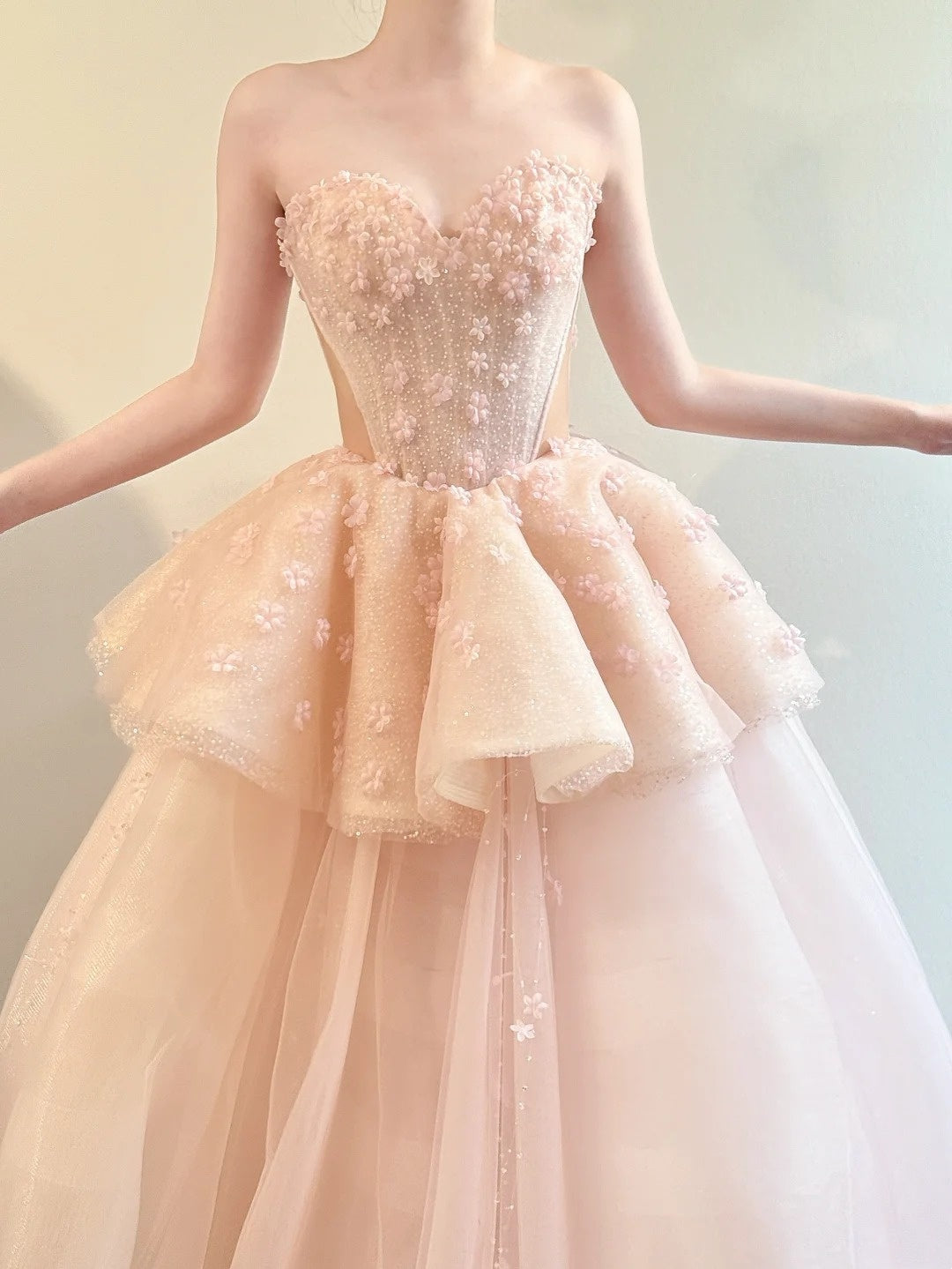 Pink shiny floral long chiffon ball dress princess dress NV6741