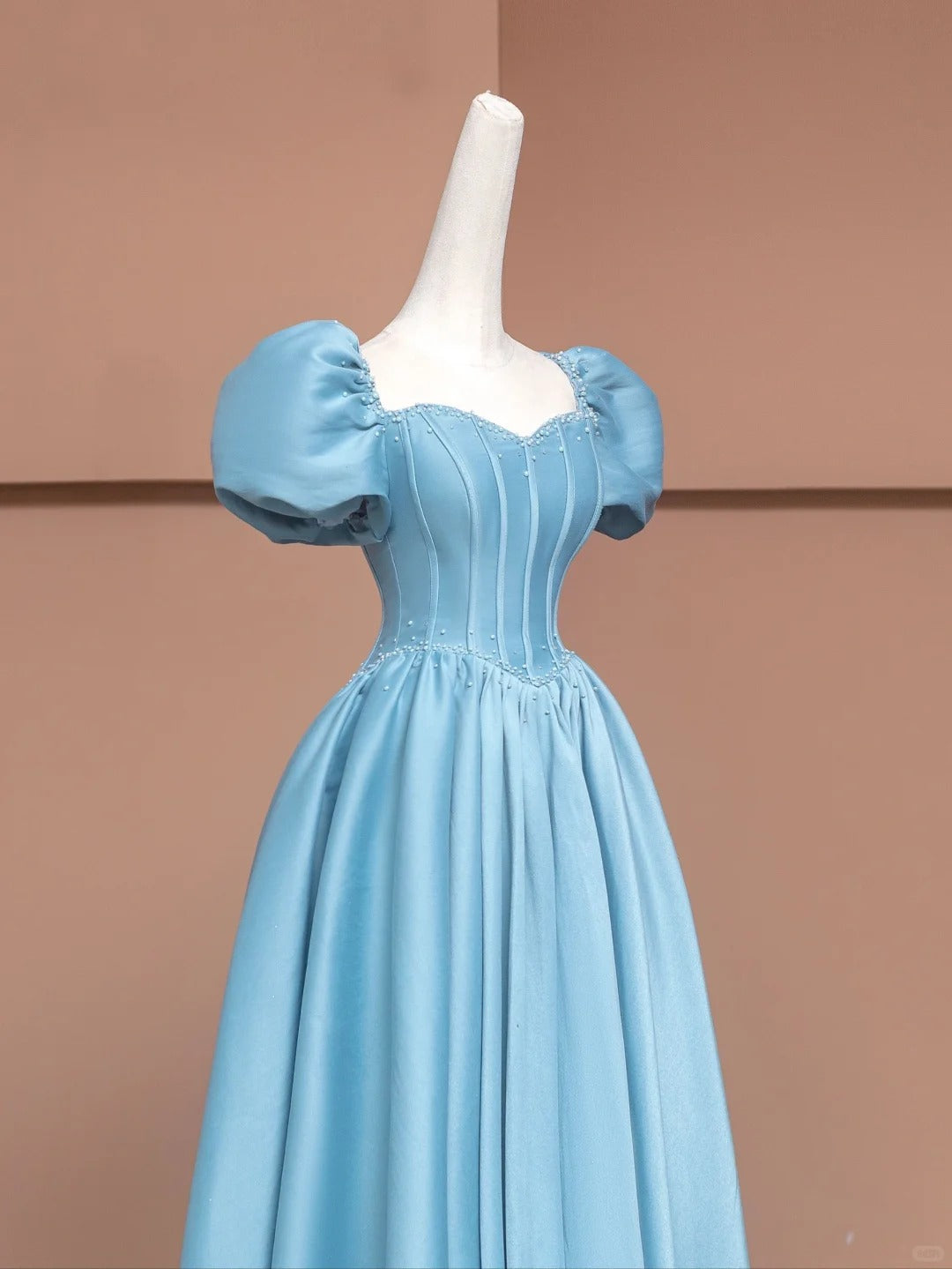 Blue Delicate Beaded Long Satin Prom Dress Ball Gown Evening Gown Party Dress nv4731