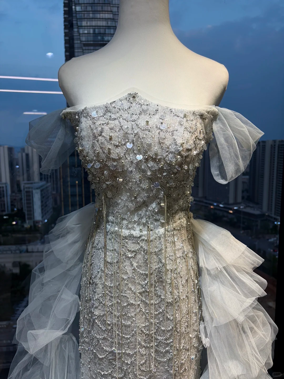 Silver White Off Shoulder Mermaid Formal Gown Beaded Sequin Side Ruffle Tulle Long Train Evening Dress NV6971