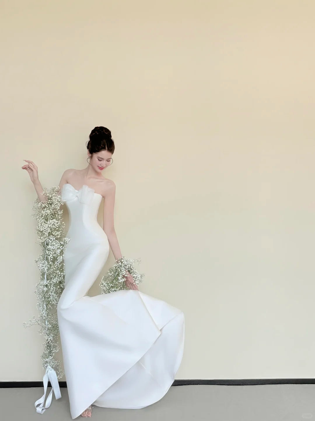 Strapless White Satin Mermaid Wedding Gown, Big Bow Accent Elegant Bridal Dress NV7437