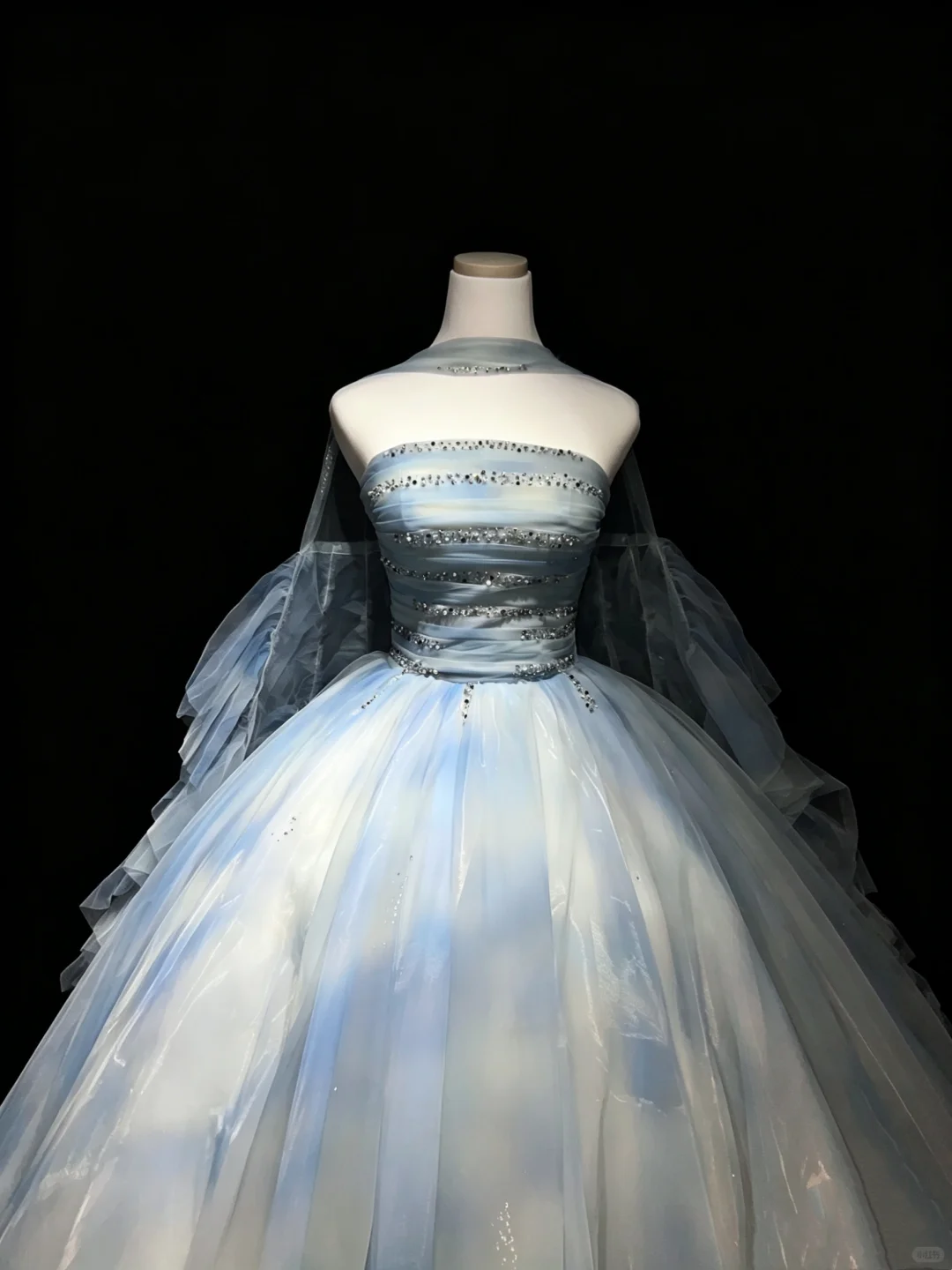 Strapless Sky Blue Cloud Print Tulle Prom Dress Beaded Bodice Detachable Puff Sleeve Princess Ball Gown NV6992