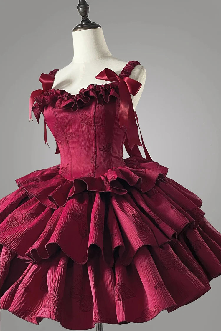 Burgundy Sleeveless Multi-Layered Ruffle Bowknot Herringbone Gothic Lolita Dress Homecoming Dress nv5327