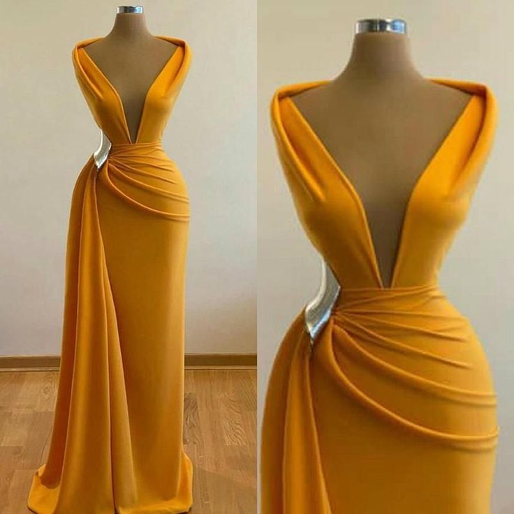 Robe de soirée longue en satin jaune à col en V profond et à manches longues, style sirène, robe de cocktail sexy nv3161