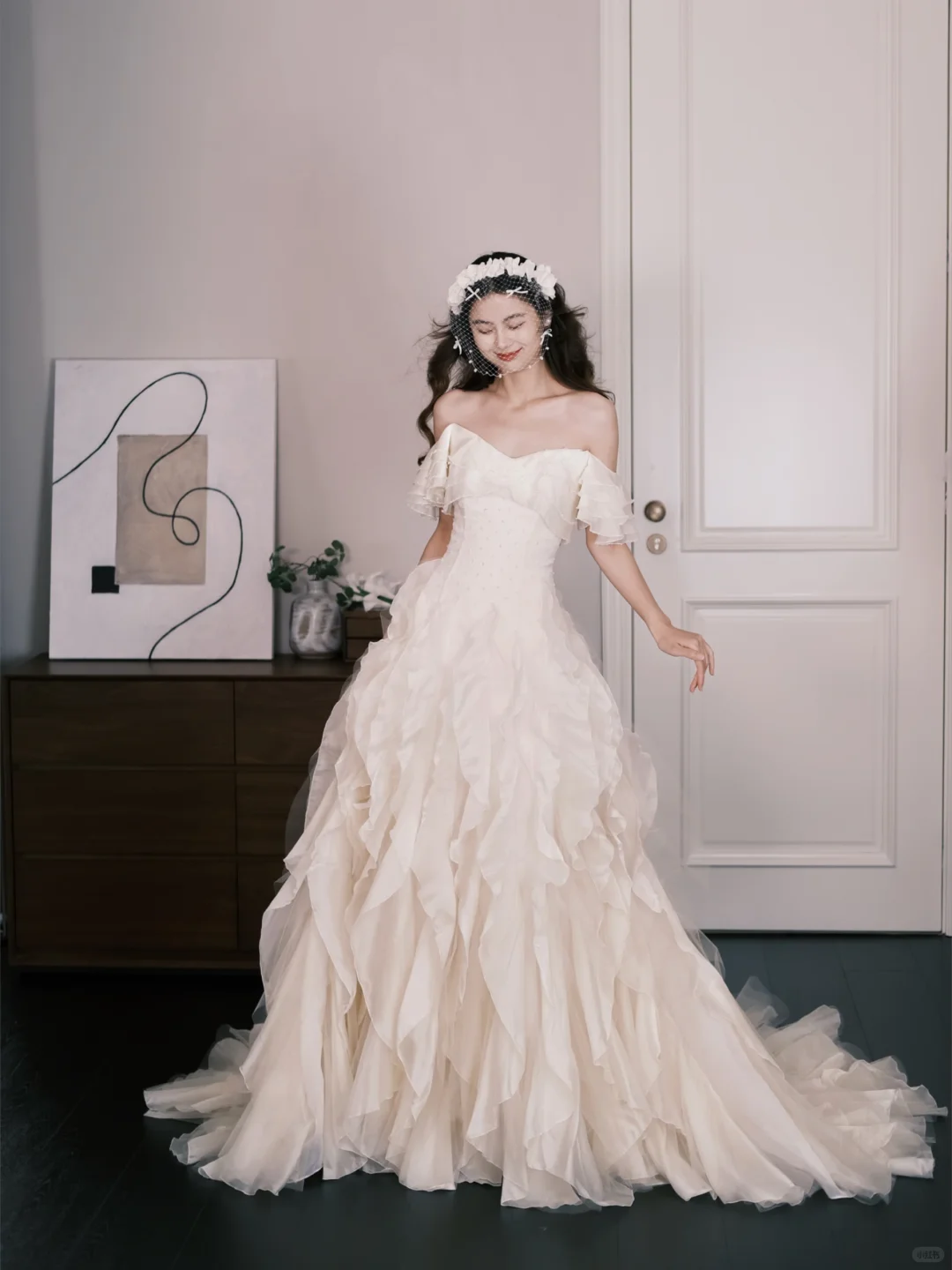 Sweetheart Off Shoulder Ruffle Tulle Bridal Gown, A Line Wedding Dress NV7294