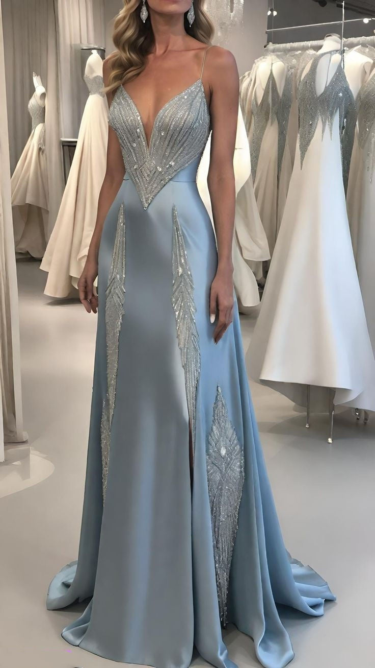 Robe de soirée longue bleu clair, magnifique, perlée, brillante, sexy, élégante, sirène, moulante, robe de bal, robe de soirée, robe de mariée, nv5116