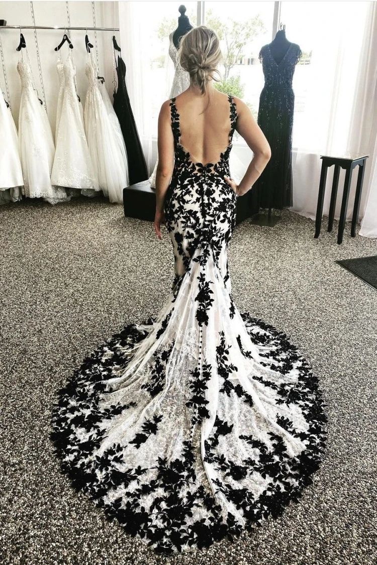Wedding Dress Retro Black & White Style Spaghetti Strap Lace Gown | Ink Pattern Mermaid Train Maxi Dress for Gala Red Carpet Party High-End Social Event NV6266
