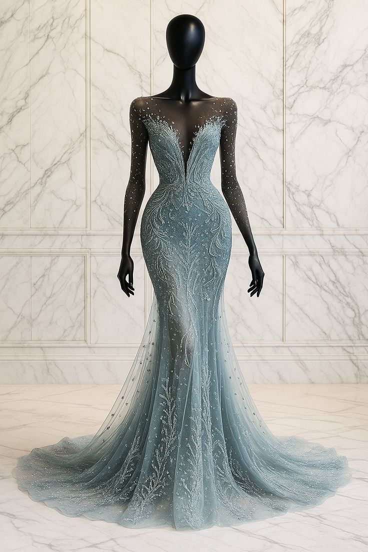 NiceVestidos-Blaues, zartes, perlenbesetztes, langes Tüllkleid NV6132