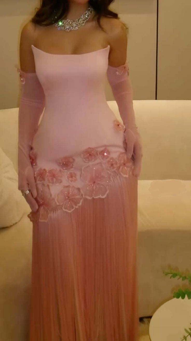 Robe de soirée longue en mousseline de soie rose à fleurs exquises, robe de soirée pour invités de mariage, nv5212