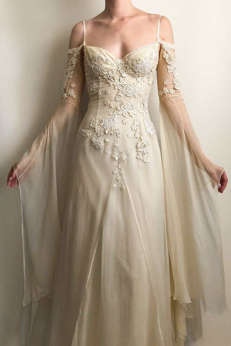 NiceVestidos – Chiffon-Ballkleid mit Blumenmuster und langen Ärmeln, Feenkleid NV5882