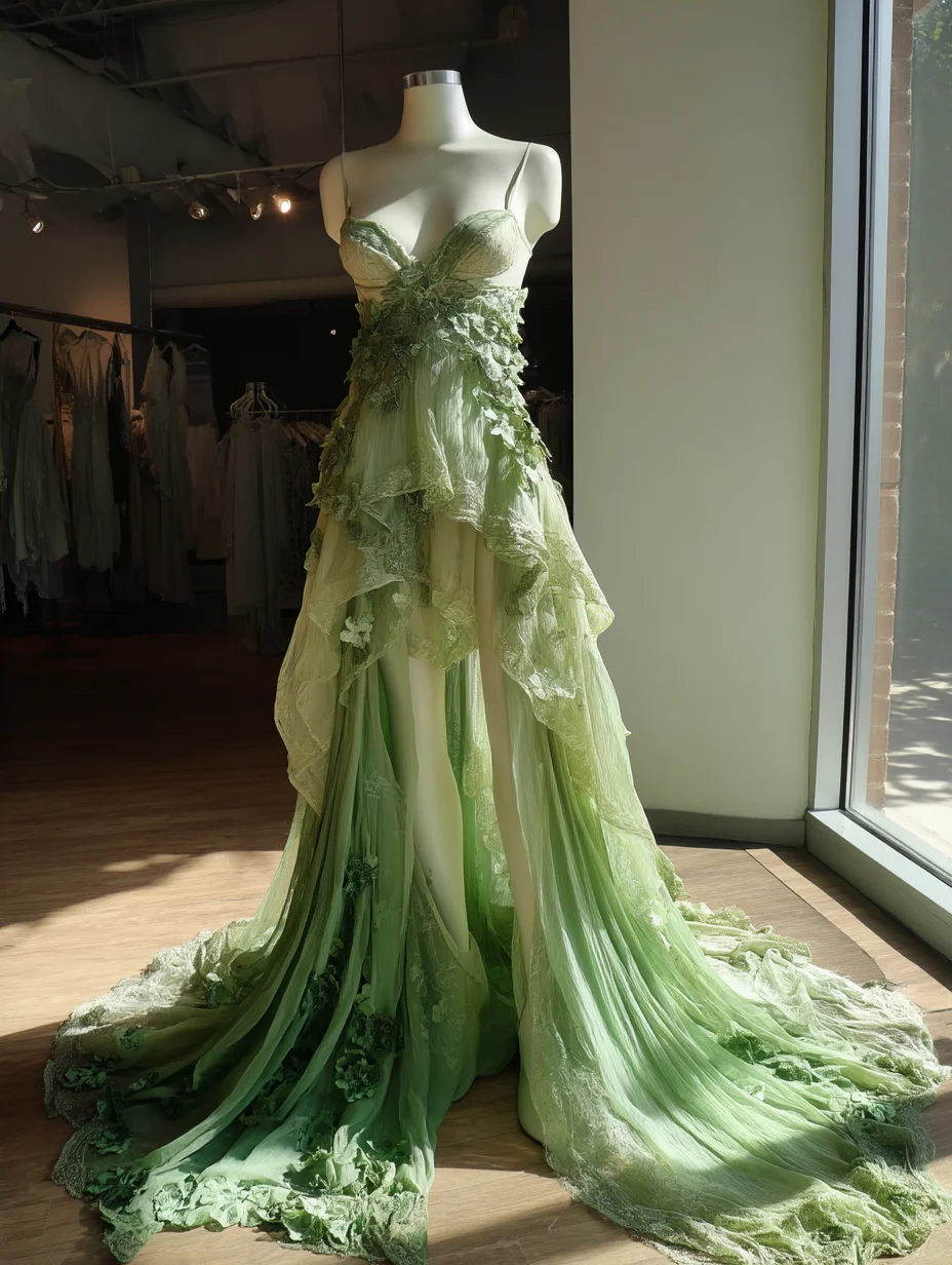 Gradient Green Fairy High Low Tulle Gown with Sweetheart Spaghetti Strap NV7500